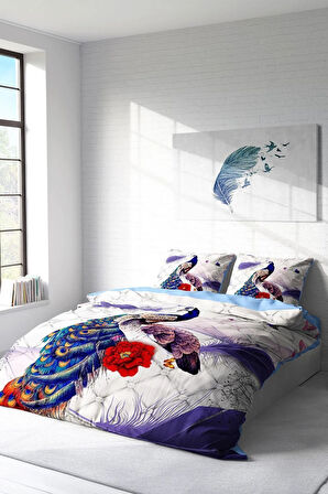 Nevresim Takımı %100 Doğal Pamuk Çift Kişilik 3d Digital Peafowl