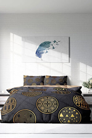 Nevresim Takımı %100 Doğal Pamuk Çift Kişilik 3d Digital Gold Black Circle