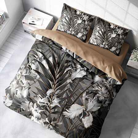 Monohome Gray Casual Çiçekli Pamuk Saten Çift Kişilik Nevresim Takımı