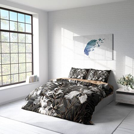 Monohome Gray Casual Çiçekli Pamuk Saten Çift Kişilik Nevresim Takımı