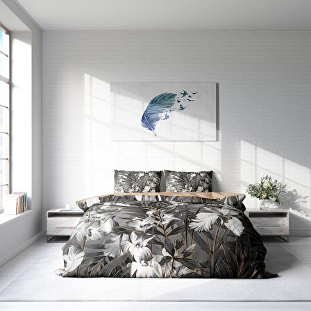 Monohome Gray Casual Çiçekli Pamuk Saten Çift Kişilik Nevresim Takımı