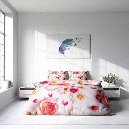 Monohome White Rose 3D Temalı Pamuk Saten Çift Kişilik Nevresim Takımı