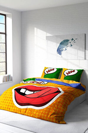 Nevresim Takımı %100 Doğal Pamuk Çift Kişilik 3d Digital Ooops Lips