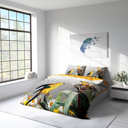Monohome Yellow Parrot 3D Temalı Pamuk Saten Çift Kişilik Nevresim Takımı