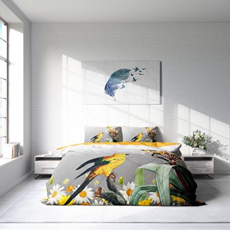 Monohome Yellow Parrot 3D Temalı Pamuk Saten Çift Kişilik Nevresim Takımı