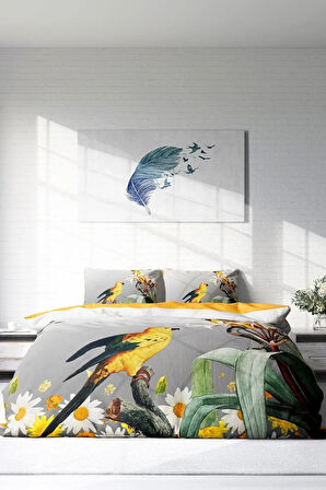Nevresim Takımı %100 Doğal Pamuk Çift Kişilik 3d Digital Yellow Parrot