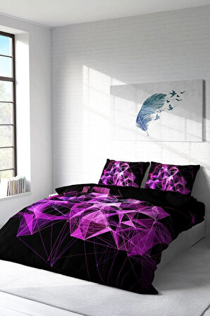 Nevresim Takımı %100 Doğal Pamuk Çift Kişilik 3d Digital Purple Diamonds
