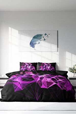 Nevresim Takımı %100 Doğal Pamuk Çift Kişilik 3d Digital Purple Diamonds