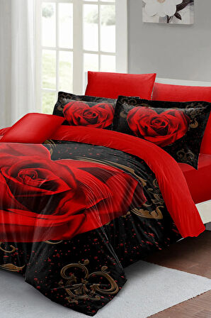 Nevresim Takımı %100 Doğal Pamuk Çift Kişilik 3d Digital Red Black Heart