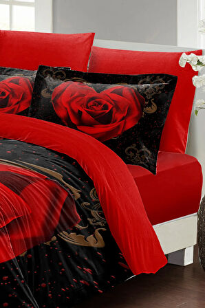 Nevresim Takımı %100 Doğal Pamuk Çift Kişilik 3d Digital Red Black Heart