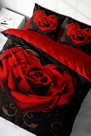 Nevresim Takımı %100 Doğal Pamuk Çift Kişilik 3d Digital Red Black Heart