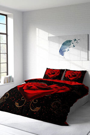 Nevresim Takımı %100 Doğal Pamuk Çift Kişilik 3d Digital Red Black Heart