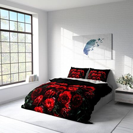 Monohome Red Roses Çiçekli Pamuk Saten Çift Kişilik Nevresim Takımı