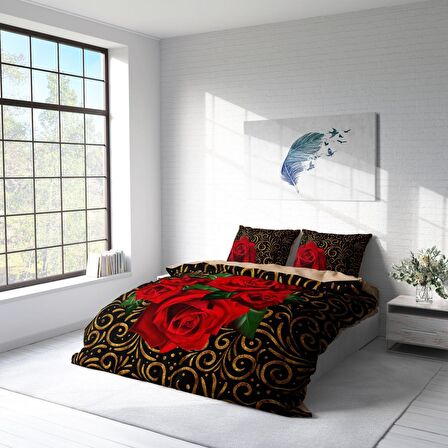 Monohome Gold And Roses Çiçekli Pamuk Saten Çift Kişilik Nevresim Takımı