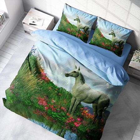 Monohome Unicorn 3D Temalı Pamuk Saten Çift Kişilik Nevresim Takımı