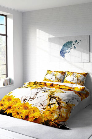 Nevresim Takımı %100 Doğal Pamuk Çift Kişilik 3d Digital Yellow Daisy