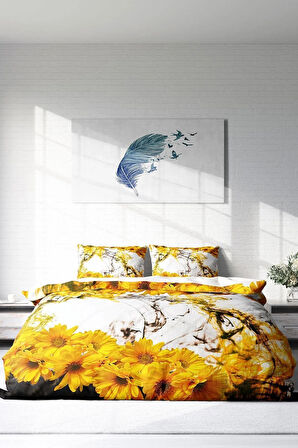 Nevresim Takımı %100 Doğal Pamuk Çift Kişilik 3d Digital Yellow Daisy