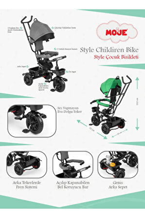 Style Ebeveyn Kontrollü Tenteli Üç Tekerli 1-5 Yaş Bebek Bisikleti