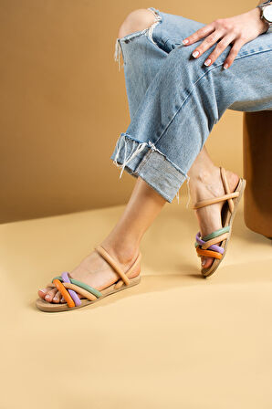 Pembe Potin Çapraz İnce Bant Rahat Taban Kadın Sandalet 41-25-22NutLila