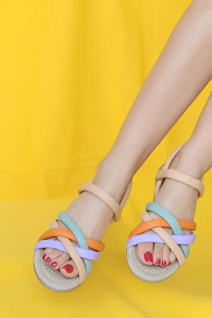 Pembe Potin Çapraz İnce Bant Rahat Taban Kadın Sandalet 41-25-22NutLila