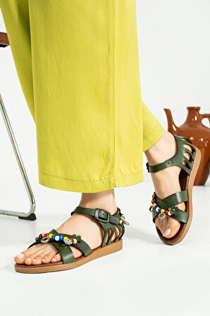 Pembe Potin Şık Aksesuarlı Çapraz Bant Bilekte Tokalı Bodrum Kadın Sandalet 51-195-23