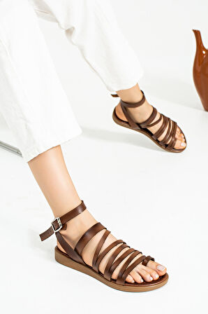 Pembe Potin Şerit Bantlı Bilekte Tokalı Bodrum Kadın Sandalet 51-3003-23