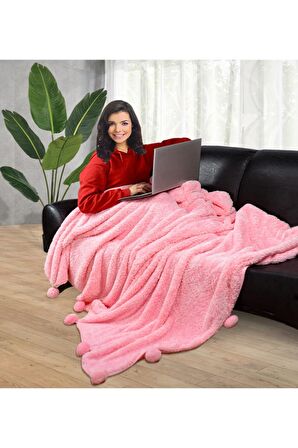 Ponponlu 200*220 Cm Pelüş Tv Battaniyesi (
