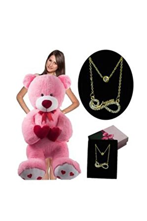 100 cm Çift Kalp Tutan Peluş Ayı Yanında Annem Yazılı Kolye Hediyeli