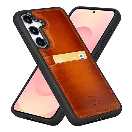 Bouletta Samsung Galaxy S25 Plus Uyumlu Hakiki Deri, El Yapımı Kart Yuvalı Kılıf, Gölgeli Taba