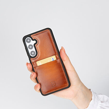 Bouletta Samsung Galaxy S25 Plus Uyumlu Hakiki Deri, El Yapımı Kart Yuvalı Kılıf, Gölgeli Taba