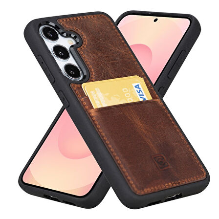 Bouletta Samsung Galaxy S25 Uyumlu Hakiki Deri, El Yapımı Kart Yuvalı Kılıf, Antik Kahve