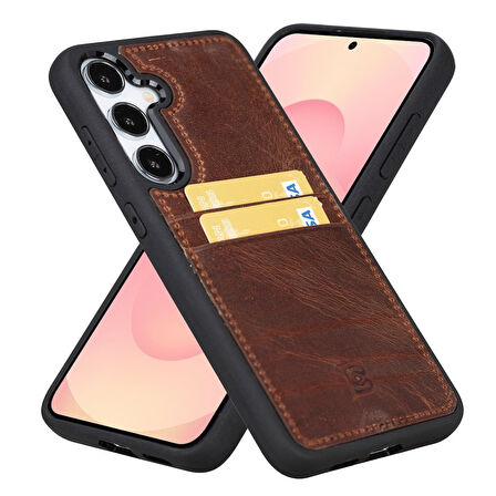 Bouletta Samsung Galaxy S25 Plus Uyumlu Hakiki Deri, El Yapımı Kart Yuvalı Kılıf, Antik Kahve