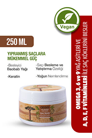 Baobab Yağlı Saç Maskesi, Yıpranmış Saçlar İçin Derin Nemlendirme ve Güçlendirme, 250ml, Vegan