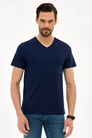 Lacivert Slim Fit V Yaka Basic T-Shirt