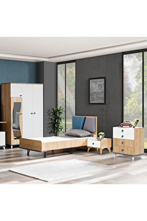 Lotus Genç Odası - 3 Kapılı Dolap, Karyola, Komodin, Şifonyer