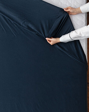 King Size Lastikli %100 Pamuk Penye Çarşaf - Lacivert