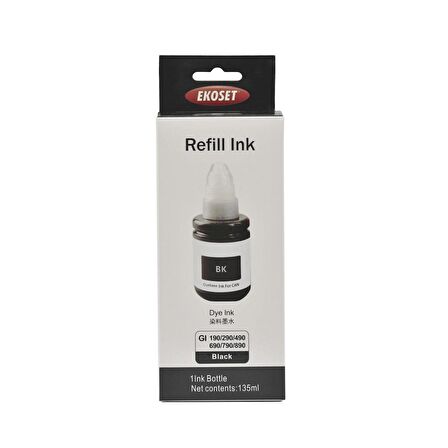 Ekoset Canon Tanklı yazıcılar için uyumlu Siyah mürekkep 135 ml GI-490 uyumlu