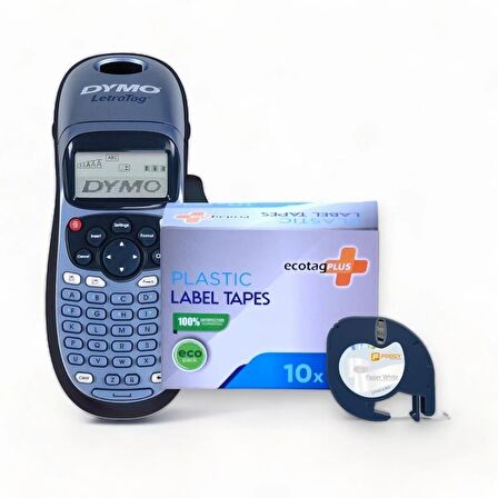 Dymo Letratag Etiket Yazcı ve 10 Adet EcotagPlus Şerit Etiket 12 mm x 4 mt Kagıt Beyaz