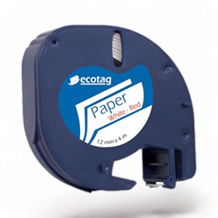 Ecotag Dymo Letratag Şerit Etiket Kağıt Beyaz Kırmızı 12 mm x 4 mt 