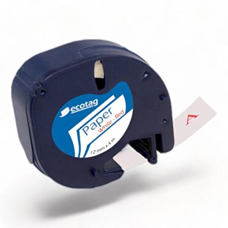 Ecotag Dymo Letratag Şerit Etiket Kağıt Beyaz Kırmızı 12 mm x 4 mt 