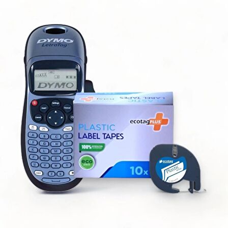 Dymo Letratag Etiket Yazcı ve 10 Adet EcotagPlus Şerit Etiket 12 mm x 4 mt Plastik Beyaz
