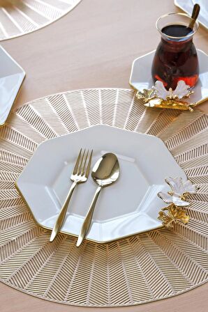 Glore Dolmabahçe Sekizgen Krem Altın Yaldızlı 6 Kişilik Cam Pasta Tabağı Takımı
