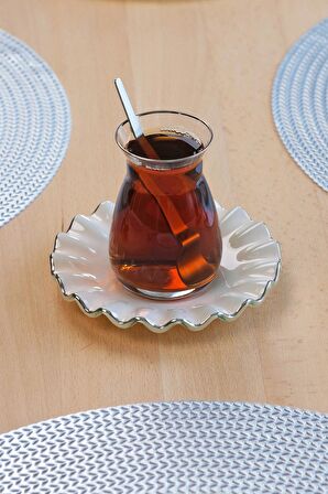 Glore Solid Krem Wavy Platin Yaldızlı 12 Parça 6 Kişilik Cam Çay Takımı