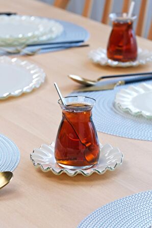 Glore Solid Krem Wavy Platin Yaldızlı 12 Parça 6 Kişilik Cam Çay Takımı