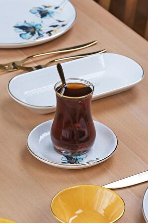 Glore Aslya Blue Flower 12 Parça 6 Kişilik Altın Yaldızlı Seramik Çay Takımı