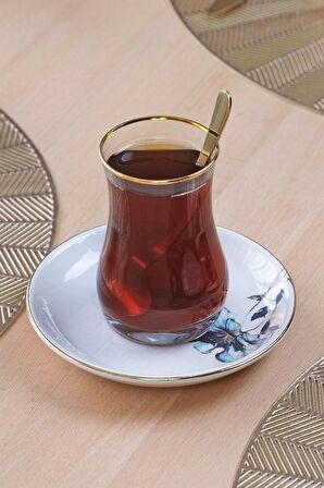 Glore Aslya Blue Flower 12 Parça 6 Kişilik Altın Yaldızlı Seramik Çay Takımı