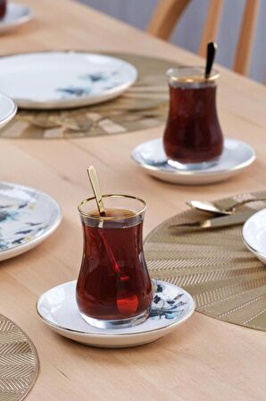 Glore Aslya Blue Flower 12 Parça 6 Kişilik Altın Yaldızlı Seramik Çay Takımı
