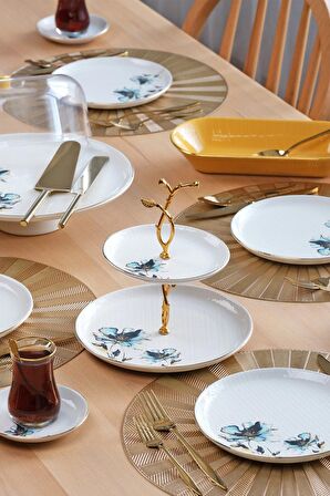 Glore Asya Blue Flower Altın Yaldızlı 27 Parça 6 Kişilik Seramik Çay Zamanı Takımı