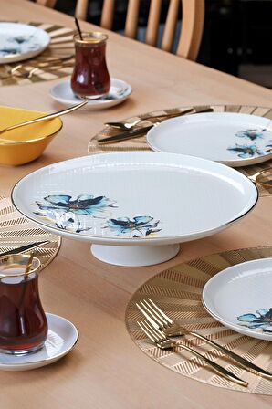 Glore Asya Blue Flower Altın Yaldızlı 27 Parça 6 Kişilik Seramik Çay Zamanı Takımı