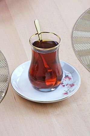 Glore Asya Spring 12 Parça 6 Kişilik Altın Yaldızlı Seramik Çay Takımı